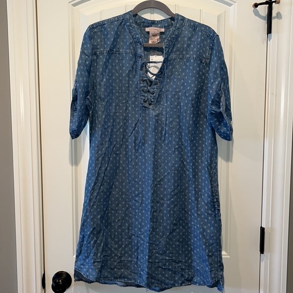 PHILOSOPHY Blue Denim Chambray Spring Lace Up Neck Short Sleeve Dress Size L NWT - Picture 1 of 7